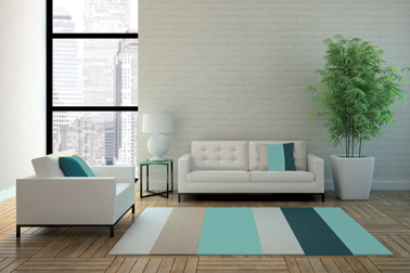 Couleur décoration salon : Harmonie de bleu turquoise et bleu pétrole adoucite par un camaïeux de beige