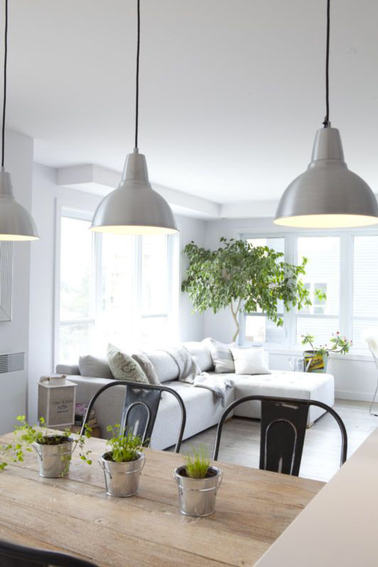 La déco d'un salon blanc et gris illuminée par des touches de vert tendre apportées par des plantes vertes aériennes
