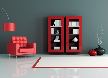 Une déco de salon de style japonais avec une peinture gris bleuté des meubles rouge aux lignes sobres et quelques touches de blanc pour adoucir le contraste