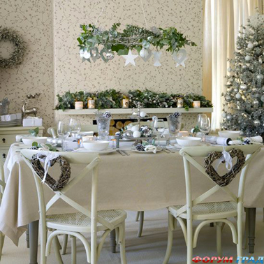 Magnifique déco de table de Noël blanc argent et vert avec suspension en couronne à faire soi-meme avec branches de sapin et boules de Noël blanche et argentée