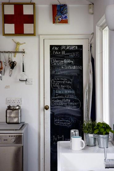 Peinture à tableau noir sur l'intérieur d'une porte de petite cuisine