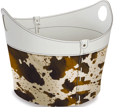 porte-bûche Porte bois et pellet Composition en cuir blanc et cavalino pour stockage bois et pellet, muni de 2 poignées et monté sur roues