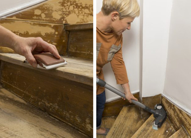 Poncer légèrement et dépoussiérer avant de repeindre votre escalier Poncer légèrement et bien le dépoussiérer est important avant à repeindre un escalier pour obtenir une peinture ultra lisse et sans défaut. De plus cela assure de la bonne adhérence de la peinture.