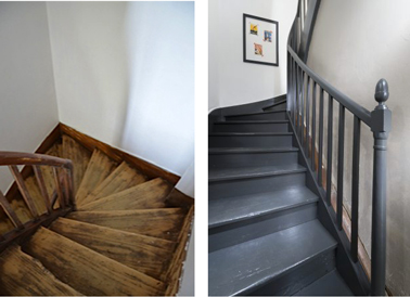 Peindre un escalier facilement en quelques étapes. A gauche, l'escalier au bois usé et blanchi. A droite l'escalier repeint dans une belle couleur gris anthracite. Peinture V33 Rénovation Plancher et Escalier