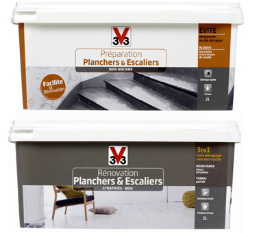 Peinture Rénovation Planchers & Escaliers V33 pour bois bruit, vernis, ciré et stratifié sans poncer et la Préparation Planchers & Escaliers V33 à appliquer sur bois usé.