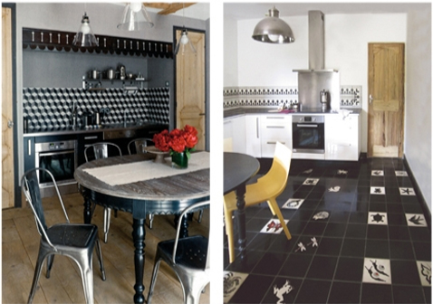 Carreaux de ciment noir uni et carreaux à motifs blanc sur fond noir de la série animaux surprise de Carocim, sur la crédence carreaux motifs 3D en noir et blanc 