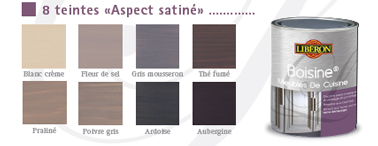 Nuancier 8 couleurs pour la peinture Boisine de Libéron, 4 teintes de gris, aubergine, blanc crème et  Praliné