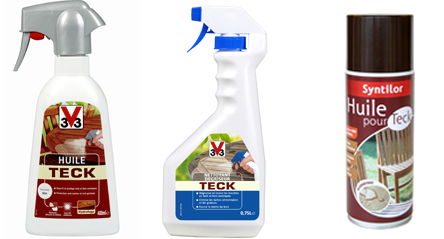 Spray huile de teck V33 400ml. Centre, dégriseur pour teck V33 pour nettoyer taches de graisse et redonner au bois sa couleur d’origine. A droite aérosol huile teck Syntilor capacité 400 ml
