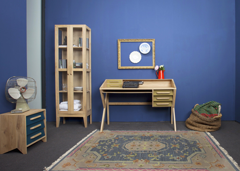 Bureau aménagé avec meuble vintage Mr Marius :  bibliotheque, bureau et commode bois naturel