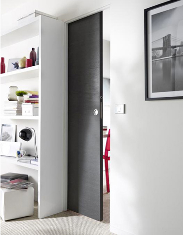 Porte coulissante en mdf gris anthracite entre cuisine et salon blanc Une porte coulissante en MDF couleur gris anthracite pour séparer la cuisine du salon blanc, c'est chouette et pratique pour isoler du regard ce qui se passe dans la cuisine lorsque le besoin se fait sentir ! Ensemble système Intégra Soft & porte coulissante Summa chez Castorama