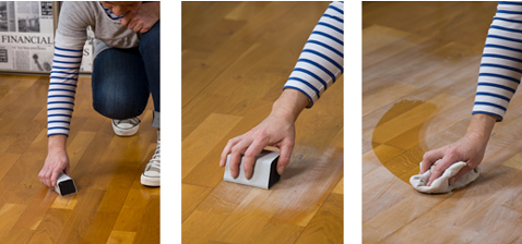 Pour renover un parquet vitrifié ou un sol stratifié commencer par égrener le sol avec du papier de verre grain 240 gr et dépoussiérer le parquet