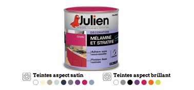 Peinture meuble cuisine stratifié ou mélaminé à appliquer directement sur les meubles. Nuancier 16 couleurs, satin et brillant. Peinture Julien