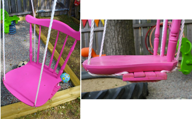 Une balançoire pour jeunes enfants sécurisée avec une chaise de récup fixée sur la planche de la balançoire. Un coup de peinture rose fushia et bébé peut se balancer en toute sécurité