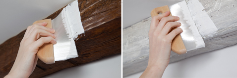 Appliquer le badigeon directement sur les poutres en bois sans poncer ni décaper. Deux couches aspect blanc ou bois grisé Libéron