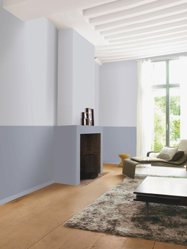 deux couleurs de peinture grise pour un salon sobre et élégant Deux couleurs de peinture grise pour la déco d'un salon sobre et élégant : pour le soubassement peinture Gris Charme, haut des murs couleur Gris Flocon de la gamme Le Mat Dulux Valentine