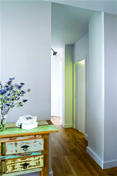 Une peinture de couleur pastel sur les murs de l'entrée de teinte bleu clair c'est accueillant et lumineux avec un parquet chêne clair. Peinture Tollens