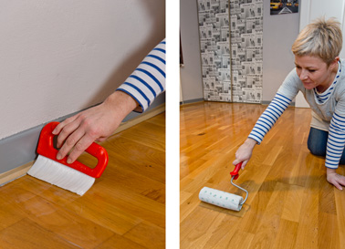 Pour vitrifier un parquet facilement commencez par appliquer le produit sur les bords extérieurs à l'aide d'un pinceau plat à poils long puis continuer avec un rouleau spécial vitrification.  