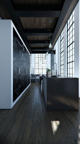 dans une cuisine en longueur d'un appartement moderne, face aux meubles en bois noir ébène, de la zone cuisson et lavage l’immense placard blanc et ses portes peintes avec une peinture à tableau noir profite de la luminosité apportée par la verrière