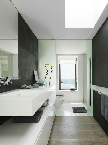 Quand design et ambiance zen se rencontrent dans une salle de bain noir et blanc. Le puits de lumière et la grande fenêtre dans l'espace de la douche italienne compense la configuration en longueur de la salle de bain.