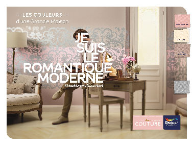La collection Romantic de Dulux Valentine L'ambiance Romantic, 9 couleurs pastel de lin écru, cachemire gris flanelle à marier sur les murs et boiseries pour une déco tendrement moderne.