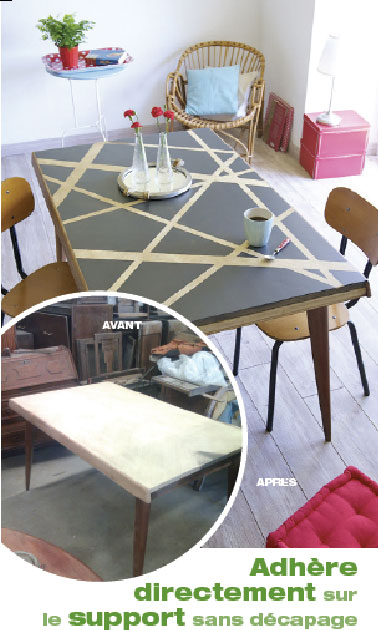 peindre une table avec deux couleurs du nuancier peinture ultra adhérent V33 Peindre une table en bois avec la peinture sans décapage V33 avec deux couleurs en contraste dans le nuancier : Sur le plateau Taupe léger et noir Jaie pour former des rayures en diagonales. Photo avant/après application Vernis teinté Ultra Adhérent pour meubles et boiseries V33