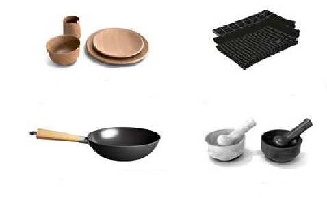 Les ustensiles de cuisine à se procurer chez Habitat signés Thierry Marx : Assiettes et bol en bois, torchons noir, work et pilon en marbre noir ou blanc