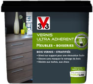 S'appliquant comme une peinture pour meuble, le vernis semi-opacifiant Ultra Adhérent V33 est disponible en 7 couleurs aspect satin et mat en vente en exclusivité chez Leroy Merlin