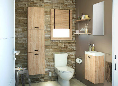Des matériaux naturels pierre et bois pour des toilettes genre chalet de montagne chaleureux Des matériaux naturels pour amener de la chaleur. Voilà le parti pris de ces WC. Un mur en pierre apparente et les meubles en bois réchauffent l'atmosphère de cette pièce d'habitude froide et austère. Une déco naturelle relevée par un mur taupe.