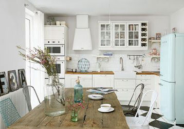 blanc et couleurs pastel pour une cuisine vintage Pour un design total vintage de votre cuisine, misez sur le bleu, rose, vert d’eau, des couleurs en vogue pour la maison dans les années 50. ici, le réfrigérateur Smeg remet le design et les courbes douces des années après guerre au goût du jour. Le vaisselier ancien, la table en bois brut et les chaises dépareillées renforcent encore l’aspect rétro de la cuisine. Summum de la rencontre du vintage et de la modernité : le parquet peint en forme de damier noir et blanc.