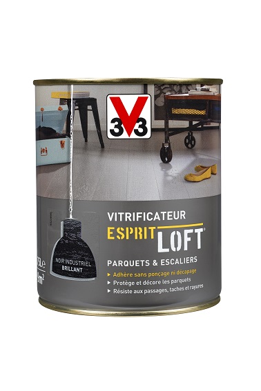 Pot 075l de vitrificateur Esprit Loft© noir de V33 pour parquet et revêtement stratifié en application directe sans poncer