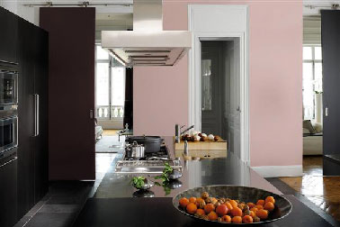 Une peinture et des meubles chocolat contrasté par un rosé poudré pour une cuisine design ouverte sur le salon dans un appartement haussmannien. Le plan de travail inox de l’îlot central réveille la dominante de couleur intense et gourmande de cet espace ouvert. Peinture Zolpan