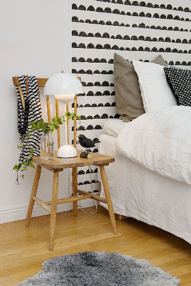 Voici un exemple de tête de lit à peindre pour personnaliser sa chambre de façon originale  avec des motifs réalisés au pochoir ou à main levée avec une peinture de couleur en contraste avec le mur. 