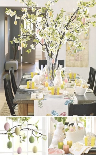 Pour ne rien avoir à envier à Noël, Pâques a aussi droit à son arbre ! Une idée déco hors du commun facile à réaliser à la maison et qui rendra à coup sûr votre déco de table élégante comme jamais. Pour créer ce centre de table, suspendez des œufs peints en couleur à des branches peu feuillues disposées dans un vase tube long et transparent pour créer des suspensions élégantes. Veillez à réaliser une harmonie de couleur avec la table comme ici où les couleurs fraîches printanières sont à l’honneur. Sur la table, agrémentez la déco avec des accessoires en rapport avec Pâques comme des lapins ou encore des œufs et pour réveiller les papilles de vos convives, n’hésitez pas à créer des petites boites de chocolat dans un papier cartonné coloré et à les mettre sur leurs assiettes ! Source : inspidiy.fr