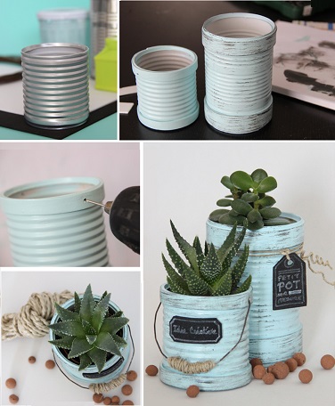 Effet patiné sur ces boites de conserve recyclées en pots pour plantes grasses. Ressemblant à de vrais pots de fleurs en terre le résultat est bluffant.
