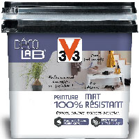 La peinture MAT 100% RÉSISTANT V33 s’applique sur murs et boiseries pour un aspect mat velouté Rendement : 750ml=+ ou - 8 m2 par couche / 2L=+ ou - 24 m2 par couche 18 teintes en vente chez Leroy Merlin
