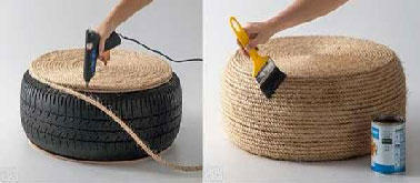 Après avoir recouvert de corde l'ensemble du pneu, vernir le coussin de sol avec un vernis incolore en 1 ou 2 couches selon le produit utilisé.