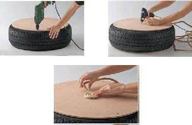 Commencer par visser les plaques de contreplaqué sur le pneu pour former l'assise du coussin de sol. Fixer ensuite la corde sur le coussin en formant des spirales