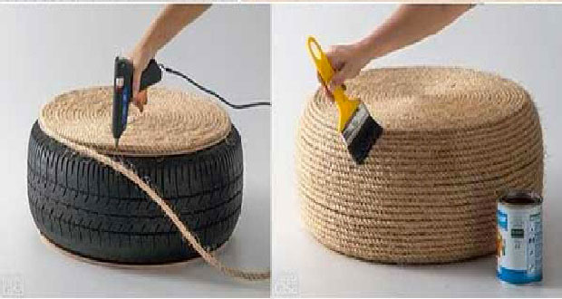 Une idée déco récup à saisir pour faire soi-même un coussin de sol avec de la corde et un pneu usagé recyclé