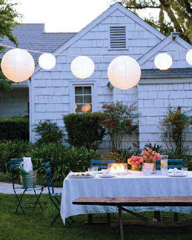Une guirlande électrique fabriquée avec des boules japonaises suspendue au dessus de la table de jardin ça peut rester installer tout l'été.