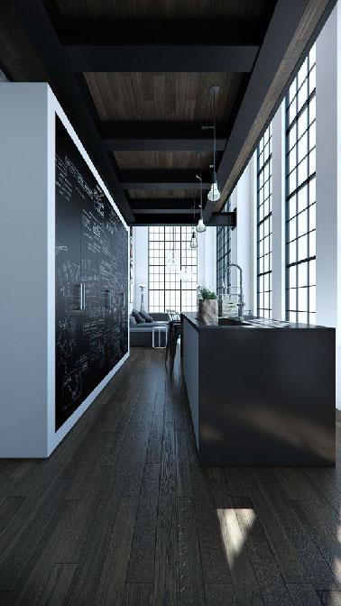 Une cuisine ouverte et en longueur qui décline les couleurs noire et blanche sur ses meubles et îlot central. Le parquet et le plafond en bois teinté chêne foncé ajoute une note d'ancien à cette cuisine design.