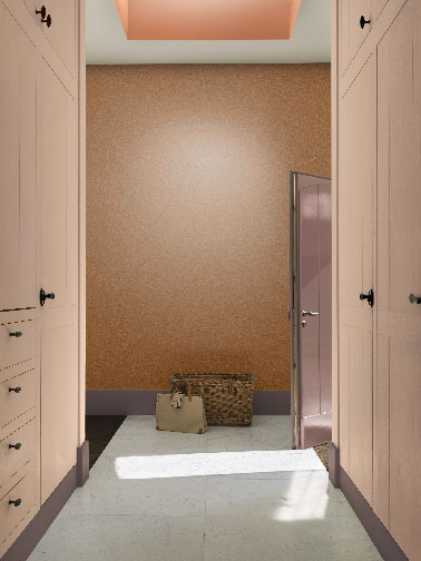 Peinture déco couloir palette couleurs naturelle Une ambiance couleur déco couloir et entrée inspirée des tons de la nature. Peinture couleur murs couloir Beige, Mur de l'entrée : Corail, boiseries Feutre Taupe Collection Sauvage gamme Couture Dulux Valentine en exclusivité chez Castorama.