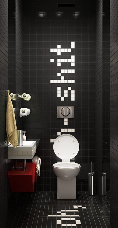 Un WC noir et blanc design Profiter d'un carrelage noir dans la déco des WC pour rajouter un effet original en contraste, en voilà une idée fun à retenir et personnalisable à souhait.