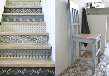 un escalier déco ancien avec carreaux de ciment Pour décorer un escalier en béton, rien de tel que de coller des carreaux en ciment pour donner du cachet. Et voilà une idee deco escalier qui marche !