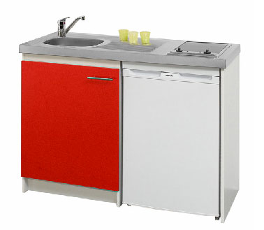 Rouge et grise, la kitchenette se part de couleurs élégantes et se présente tout équipée dans la cuisine Mini réfrigérateur avec congélateur, évier inox, le tout compacté dans un meuble en mélaminé blanc fermé par 2 portes de couleur chez Lapeyre.