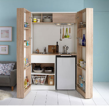 Avec ce modèle offrez-vous une cuisine en U compactée dans une grande armoire aménagée avec tout l’équipement nécessaire pour cuisiner : hotte, frigo, 2 feux sur plaque vitrocéramique, évier, plan de travail et en bonus un éclairage.  Armoire cuisine Castorama.