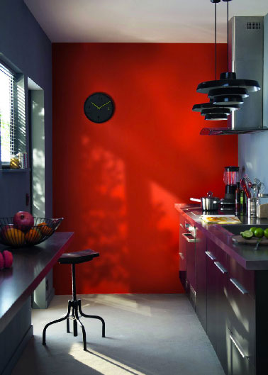  Rouge, une couleur pour donner du pep's à la cuisine lorsqu'elle est résolument étroite et petite à marier avec du violet, parme et des meubles noirs pour un relooking d’enfer. Peinture collection Gaspacho Castorama.