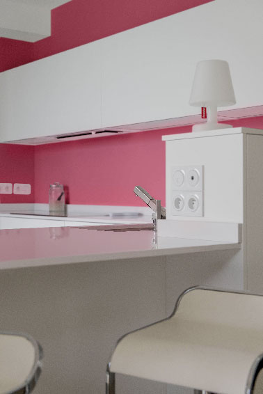 La couleur rose fait son entrée sur les murs de la cuisine et on s’en réjouit. A mettre savec des meubles blancs ou noir, pour une déco moderne et originale. Peinture Intérieure Zolpan.