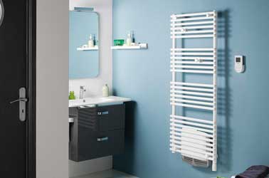 Sèche-serviette électrique à barres tube repositionnables Sèche-serviette électrique Timelis Intégral de Atlantic équipé de la technologie 3CS assurant une chaleur continue, commande déportée avec la fonction cycle douche, 2 patères chromées repositionnables. Puissance disponible de 300 W à 2000 W chez Espace Aubade.