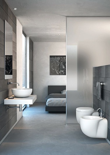 Une suite parentale grise c'est l'assurance d'une déco moderne réussie. Et quand la salle de bain se fait discrète et minimaliste on aime encore plus.