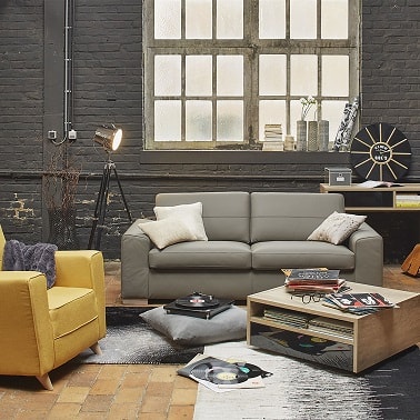 Un petit canapé gris clair pour un studio déco industrielle.